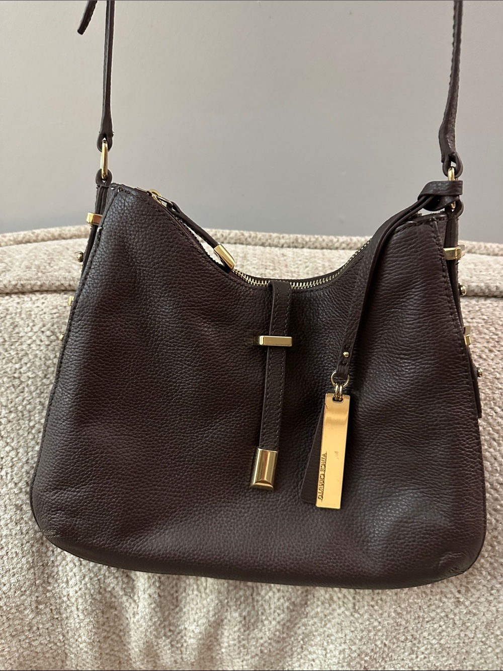 Vince Camuto Dark Brown Pebbled Leather Shoulder Bag with Gold Hardware